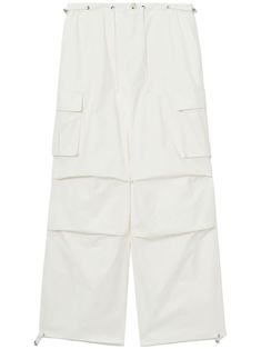 white cotton blend drawstring waist slip pockets to the sides two side cargo pockets two rear flap pockets drawstring cuffs White Bottoms With Flap Pockets For Spring, White Cargo Pocket Trousers, White Cotton Pants With Cargo Pockets, White Parachute Trousers With Multiple Pockets, White Parachute Pants With Multiple Pockets, White Parachute Pants With Multiple Pockets For Streetwear, White Baggy Bottoms With Multiple Pockets, White Utility Cargo Pants With Patch Pockets, White Utility Cargo Jeans With Pockets