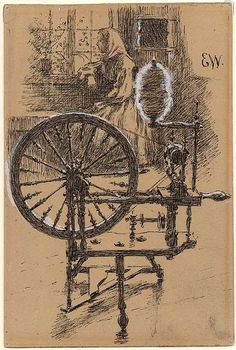 a drawing of an old spinning wheel on a table next to a man sitting in a chair