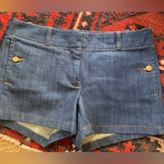 J. Crew Denim Trousers - Lightly Worn And Look Brand New - Gold Buttons On Front And Back Of Shorts Chic Fitted Denim Jean Shorts, Chic Dark Wash Fitted Jean Shorts, Chic Fitted Dark Wash Jean Shorts, Chic Fitted Denim Shorts, Chic Fitted Mid-rise Jean Shorts, Fitted Denim Jean Shorts With Belt Loops, Fitted Mid-rise Cotton Jean Shorts, High Rise Denim Shorts For Workwear, Mid-rise Denim Shorts For Work