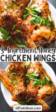 three ingredient honey chicken wings on a white plate with green garnish and text overlay