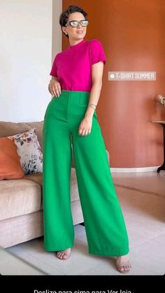 Pink And Green Work Outfit, Casual Wear Trend 2023, Dress Pants For Wedding Guest, Kelly Green Pants Outfit Fall, Bright Green Wide Leg Pants Outfit, Kelly Green Pants Outfit Spring, Palazzo Verde Outfit, Kelly Green Pants Outfit, Bright Pants Outfit