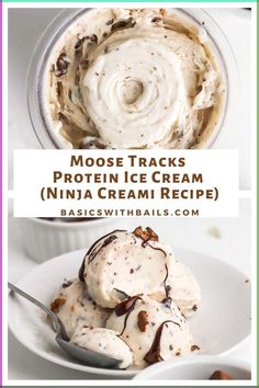 two bowls filled with ice cream next to each other and the words moose tracks protein ice cream