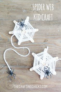 the spider web kid craft is made out of yarn and string, with black widows on it