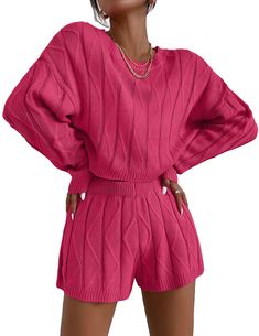 PRICES MAY VARY. Knit lounge sets for women is made of Premium High quality elastic knitted fabric, which is light and soft to ensure that your sleep and leisure are very comfortable. This loungewear include a long drop sleeve sweatshirt top and a high waist matching shorts with waistband,perfect for the relaxing season. This sweatsuit sets for women soft can be easy to pair with daily sneakers or short boots to complete a fashion casual look, or match with high heels for a delicate look. Perfec Pink Sweater Outfit, Sweater Lounge Set, Sweatsuit Outfits, Textured Crop, Knit Lounge Set, Hot Pink Sweater, Cropped Pullover, Fall Inspiration, Pullover Outfit