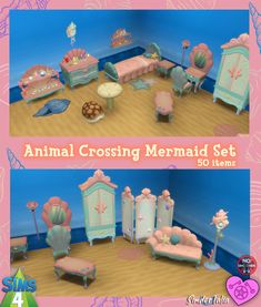 an animal crossing mermaid set is shown in three different poses, including furniture and accessories