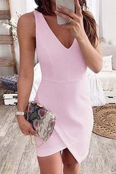 Solid Sleeveless V-neck Bodycon Dress Wrap Dresses, Short Sleeve Bodycon Dress, Custom Made Clothing, Dress Wrap, Neck Bodycon Dress, Irregular Hem, Casual Stylish, Fashion Pattern, Pure Color