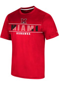 Keep cool while showing your Miami RedHawks spirit in this Red Marty T Shirt. This Short Sleeve is the perfect Tee for working out, heading to class, or cheering on the Redhawks. Featuring a screen print team name, mascot and logo on front chest with team logo on back, there's no mistaking your Miami RedHawks pride in this Redhawks Marty T Shirt! University Red Sporty Tops For Fans, Sporty University Red Tops For Fans, Red Moisture-wicking Top For College, University Red Team Spirit Top With Graphic Print, Red Team Spirit Tops For College, University Red Collegiate Top With Graphic Print, University Red Tops With Graphic Print For Team Spirit, University Red Collegiate Tops For Fan Gear, University Red Top With Graphic Print For Sports Season