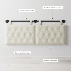 an image of a white headboard hanging on the wall with text describing it's features