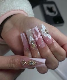 Quinceanera Nails, Romantic Nails, Girly Acrylic Nails, Pretty Gel Nails, Acrylic Nails Coffin Pink, Soft Nails, Unique Acrylic Nails, Long Square Acrylic Nails, Bling Acrylic Nails