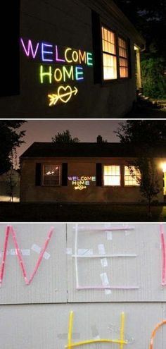 three different types of neon signs in front of a house at night and on the outside