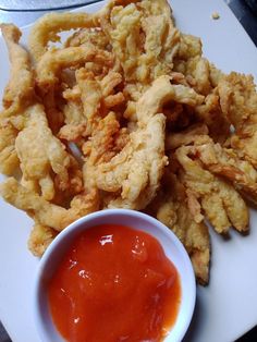 fried food on a white plate with dipping sauce