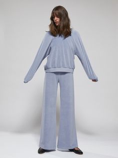 A relaxed fit, perfect for travel. Silhouette-draping form and design, generous fit, and softly ribbed comfy sleeves. | Suzie Kondi Samos Oversized Sweatshirt in Velour | Chambray | Women's X-Small Oversized Sweatshirt For Relaxation, Oversized Relaxed Tops For Loungewear, Relaxed Oversized Tops For Loungewear, Super Soft Relaxed Fit Sweats, Comfy Relaxed Fit Sweatshirt For Relaxation, Casual Sweats With Relaxed Fit For Relaxation, Casual Relaxed Fit Sweats For Relaxation, Oversized Long Sleeve Sweatshirt For Relaxation, Oversized Athleisure Sweatshirt For Relaxation