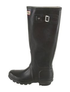 Hunter Rubber Knee-High Rain BootsBlackRound-ToesBuckle Closure at Sides Classic Black Wide Calf Boots, Classic Black Boots With Flat Heel, Classic Black Flat Heel Boots, Classic Black Closed Toe Boots, Hunter Rainboots Outfit Fall, Rain Boots Women Hunter, Rain Boots Hunter, Short Black Hunter Boots, Hunter Boots Black