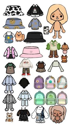 an assortment of children's clothes and backpacks on a white background with the words,