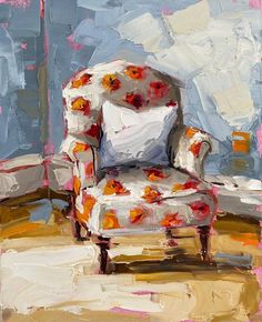 an abstract painting of a white chair with red and orange flowers on the armrests