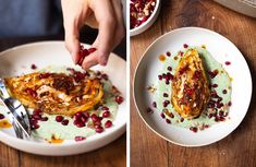 two pictures of food on plates with spoons and utensils next to each other