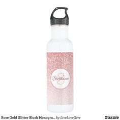 a pink and white water bottle with the name rose gold glitter monogramm on it