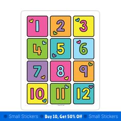 the numbers stickers are multicolored and have different shapes, sizes, and colors