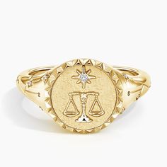 Libra Zodiac Diamond Signet Ring - 14K Yellow Gold. An embossed scale empowers this signet and its wearer with the characteristics of the Zodiac air sign Libra - fashionable, romantic, diplomatic. 
 
 An impression in the symbolic shape of the Libra sign is carved into the textured back side of the signet itself, while a shimmering constellation is formed with diamonds along either side of the design. 

Sol is a collection that invites you to embrace your inner light. By capturing the symbolism Libra Fashion, Libra Ring, Libra Jewelry, Pirates Gold, Lover Necklace, Diamond Signet Ring, Libra Sign, Lovers Necklace, Zodiac Gifts