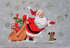 an old fashioned christmas postcard with santa claus carrying presents and a dog on the ground