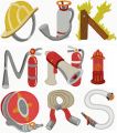 the letters are made up of different types of construction equipment, including fire extinguishers