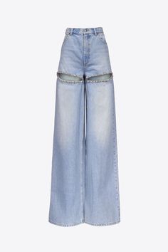 Classic denim wide-leg jeans featuring crystal cupchain trim slits at thighs. Available in Light Blue. Pre Fall 2023, Png Clothes, Leather Bustier, Tuxedo Dress, Print Bodysuit, Wide Leg Denim, Pre Fall, Wide Leg Jeans, Flare Jeans