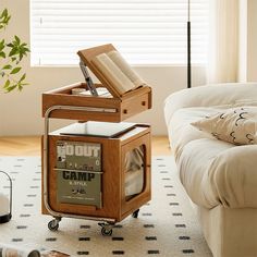 an open book cart sitting on top of a living room floor