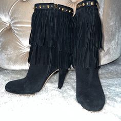 Beautiful Black Suede Boots. Round Toe Fringe With Gold Studded Details. Two Leather Strands With Gucci Gold Crest Charm On The End. Overall Good Condition No Dust Bag Or Box. Fringe Boots, Black Suede Boots, Gucci Black, Gucci Shoes, Gold Studs, Suede Boots, Shoes Heels Boots, Black Suede, Shoes Women Heels