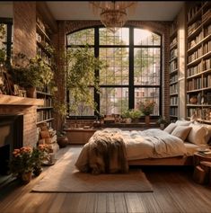 a bedroom with lots of bookshelves and a bed in the middle of it