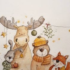 an image of three animals wearing sweaters and hats with christmas balls hanging from the ceiling