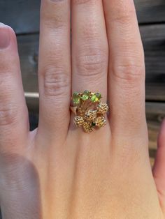 Total Weight: 4.9 grams Size: 6.25 Band Width: 2mm  Ring Face: 20x17mm Peridot: 5x3mm Tourmaline: 2mm Condition: In great condition with no damage.  All gold has been thoroughly checked with an Olympus XRF spectrometer. It is guaranteed 14k gold.  All our jewelry is properly washed and disinfected to ensure customers get clean items with every order.  Returns accepted but may be subjected to a restock fee.  Please message with any questions:) Jewelry Real, Tourmaline Ring, Green Gemstones, Huntington Beach, Stackable Rings, Estate Jewelry, Tourmaline, Jewelry Rings, Etsy Accessories