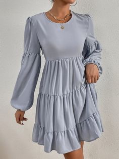 Long Lantern Sleeve Dress, Stylish Short Dresses, Spring Dresses Casual, Blue Summer Dresses, Elegant Maxi Dress, Lantern Sleeve Dress, Ruffle Hem Dress, Black Long Sleeve Dress, Lovely Clothes