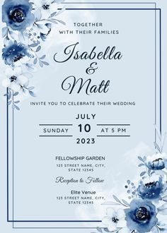 a wedding card with watercolor flowers on the front and back, in blue tones