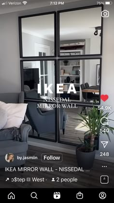 an image of a living room with furniture and mirrors on the wall, as well as text that reads ikea