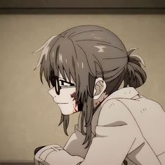 an anime character with long hair and glasses on her face looking at something in the distance