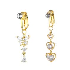 two pairs of gold tone earrings with crystal hearts and angel charms on each earring