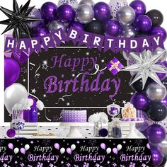 a birthday party with purple and silver balloons