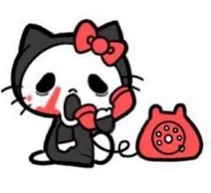 a hello kitty holding a telephone and talking on the phone with a cat sitting next to it