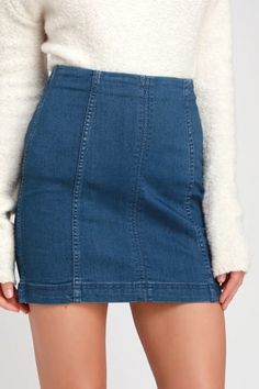 Maxi Skirt, Pencil Skirts, Denim Skirt & Mini Skirts | Lulus Blue Mini Denim Skirt For Fall, Fall Blue Denim Mini Skirt, Dressy Attire, Chic Skirts, Distressed Denim Skirt, Free People Skirt, Stretch Skirt, Free People Denim, Leather Mini Skirts