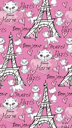 the eiffel tower is surrounded by cats and hearts