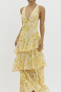 Floral Tiered Ruffle Tie Back Maxi Dress NOTE: If your size is not available, please register your email in EMAIL ME WHEN AVAILABLE link. Midi Dress Floral, Yellow Floral Dress, Layered Dress, Ruffle Midi Dress, Dress Floral, Floral Midi Dress, Yellow Floral, Yellow Dress, Guest Dresses