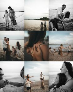 a collage of people on the beach playing and having fun with each other in black and white