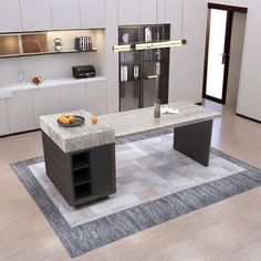 a modern kitchen with an island countertop and cabinets in the center, along with a rug on the floor