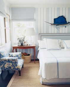 a bed room with a neatly made bed and two chairs next to a lamp on a table