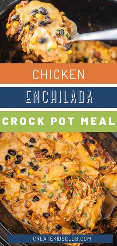 chicken enchilada crock pot meal in a black casserole dish