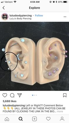 an ear is shown with fake piercings attached to the inside of it's ears