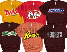 six t - shirts with the names of different foods and beverages on them, all in various colors