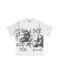 I See God In You tee. White t-shirt. Oversized fit. Vintage design. Street fashion, streetwear style. Designed by Invincible Exclusives. Grey Graphic Tee Outfit, Grey Graphic Tee, The Invincible, Graphic Tee Outfits, White Graphic Tee, Crochet Clothing And Accessories, Crochet Clothing, Grey Prints, Streetwear Tshirt