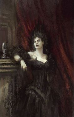 a painting of a woman in a black dress sitting on a chair with her hands behind her head