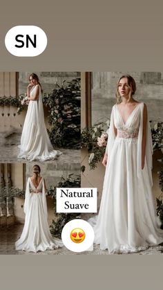 a woman in a white wedding dress with cape on her head and the words natural suave above it